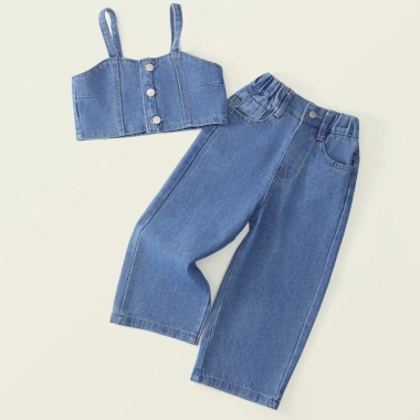 Set Jean Bé Gái Áo Hai Dây Quần Ống Suông Lưng Thun Chất Mềm Mịn Co Giãn 239.000₫