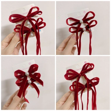 Set kẹp nơ nhung đỏ đính ngọc tiểu thư, 5 mẫu cho bé chơi Tết, giá 20.000đ