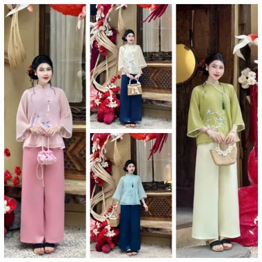Set lam nữ áo tay lửng cổ trụ ren thêu hoa lạc 2 lớp cao cấp đính ngọc + quần dài suông rộng – Giá Tết 235.060đ