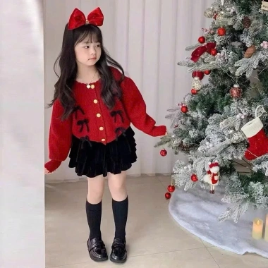 Sét len bé gái Miu Kids 12-38kg - Len dệt kim mềm mịn, đính nơ & váy sang chảnh Tết Noel, giảm còn 269k 4