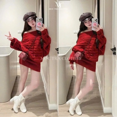 Set len trễ vai đỏ Quảng Châu, xinh tết, giá 600k - nữ sang chảnh thu đông