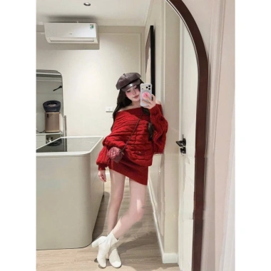 Set len trễ vai đỏ Quảng Châu, xinh tết, giá 600k - nữ sang chảnh thu đông