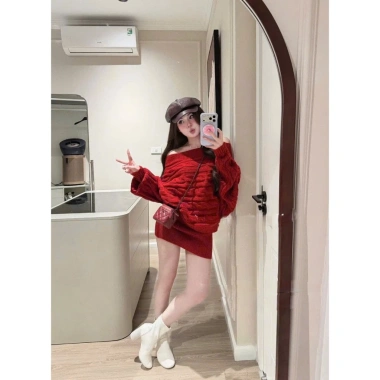 Set len trễ vai đỏ Quảng Châu, xinh tết, giá 600k - nữ sang chảnh thu đông