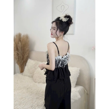 Set Mặc Nhà TP06 Áo Tua Rua 2 Dây + Quần Dài Đũi 2 Lớp Cao Cấp - Giá 249k