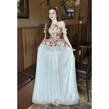 Set maxi áo cổ yếm gấm, mặc Tết giá ưu đãi 229.000đ, chất liệu mềm, thiết kế rộng rãi
