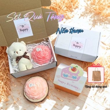 Set nến thơm hoa mẫu đơn + móc khóa gấu - Quà tặng người yêu, giá 79.000đ 2