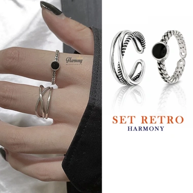 Set nhẫn đá đen retro chéo nữ bạc 925 – Harmony Accessories, giá ưu đãi 485.000 VNĐ