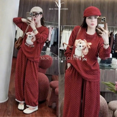 Set nỉ đỏ gấu 1 chấm bi mix và quần bom viền ren xinh, nữ mặc nhà trung cá tính