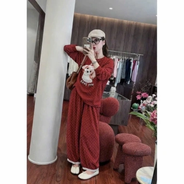 Set nỉ đỏ gấu 1 chấm bi mix và quần bom viền ren xinh, nữ mặc nhà trung cá tính