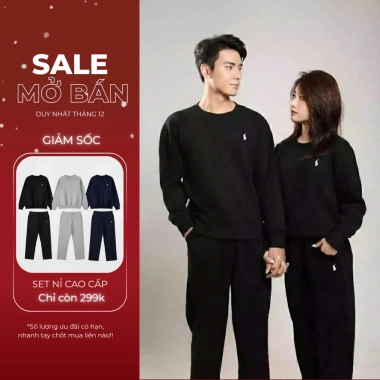 Set Nỉ Đôi Nam Nữ ASTRA BRAND Thêu Ngựa – Nỉ Lông Cừu, Sweater & Quần Ống Suông 139k