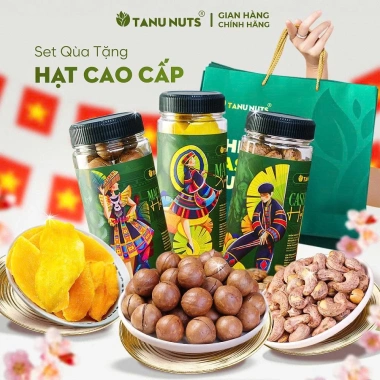 Set quà hạt 3 hũ 250g macca, hạt điều, dẻ cười, xoài sấy TANU NUTS – Quà tặng sang trọng, dinh dưỡng, giảm còn 339.000đ
