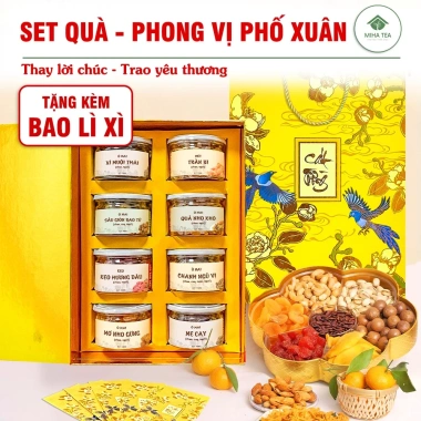 Set quà Phong Vị Phố Xuân - Hộp quà tặng 9 loại ô mai, trà thảo mộc, hương Tết đoàn viên, giảm còn 350.000₫