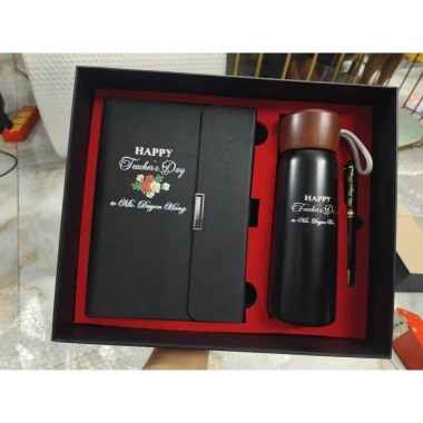 Set quà tặng doanh nghiệp: Sổ tay da + Bình giữ nhiệt nắp gỗ + Bút ký khắc logo - Giảm 20%