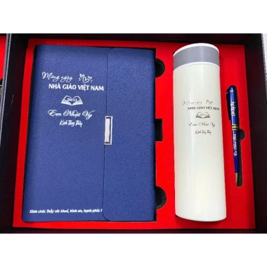 Set quà tặng doanh nghiệp: Sổ tay da + Bình giữ nhiệt nắp gỗ + Bút ký khắc logo - Giảm 20%
