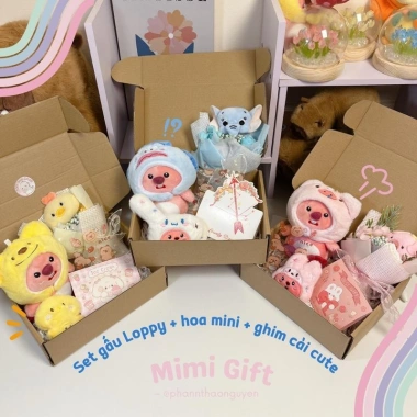 Set quà tặng Loopy: gấu bông + bó hoa gấu + huy hiệu cài áo, thiệp 65.000₫