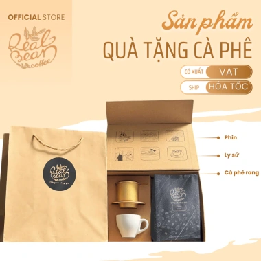 Set Quà Tặng Tết Cà Phê Real Bean 250g và Phin Nhôm và Ly Sứ Giảm tới 350k