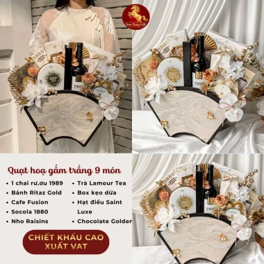 Set quà Tết 9 món quạt gấm hoa trắng tinh xảo – Quà có VAT, giá 1,100,000₫