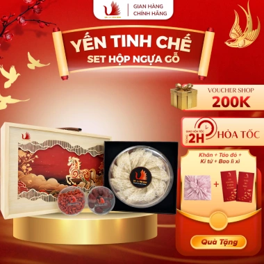 Set Quà Tết Yến Tinh Chế 50g Hộp Gỗ Ngựa kèm Táo Đỏ, Kỷ Tử, Khăn Lụa - 3,2 triệu Vân Bình