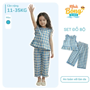 Set Quần Áo Bé Gái Áo Sát Nách Bèo và Quần Dài Ống Suông Họa Tiết Caro Giá 208k