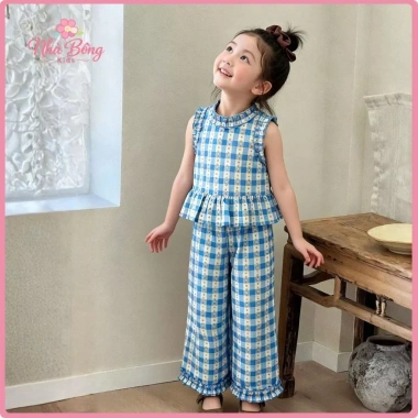 Set Quần Áo Bé Gái Áo Sát Nách Bèo và Quần Dài Ống Suông Họa Tiết Caro Giá 208k