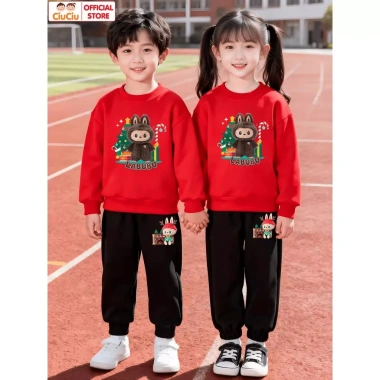 Set Quần Áo Nỉ Giáng Sinh Bé Trai & Gái - Labubu Noel, vải da cá giữ ấm, 296.000₫