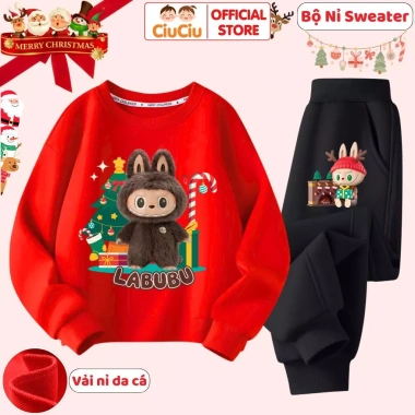 Set Quần Áo Nỉ Giáng Sinh Bé Trai & Gái - Labubu Noel, vải da cá giữ ấm, 296.000₫