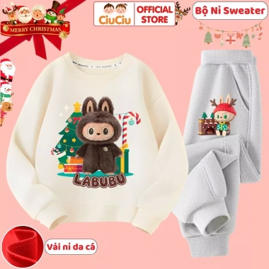 Set Quần Áo Nỉ Giáng Sinh Bé Trai & Gái - Labubu Noel, vải da cá giữ ấm, 296.000₫