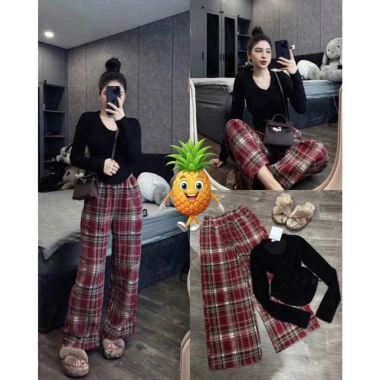 Set quần áo Noel Tết: Áo tăm tay dài ôm body vạt bầu, quần sọc caro dạ đỏ loe - 159k
