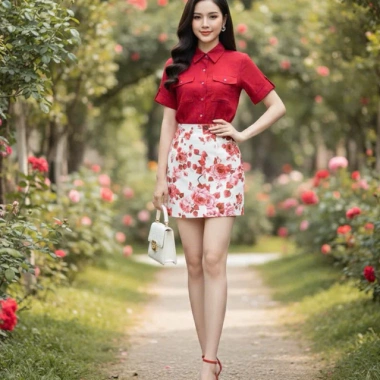Set sơ mi đỏ hoa Elise size S - Giá ưu đãi 650.000₫, chất liệu thoáng mát, phong cách trẻ trung