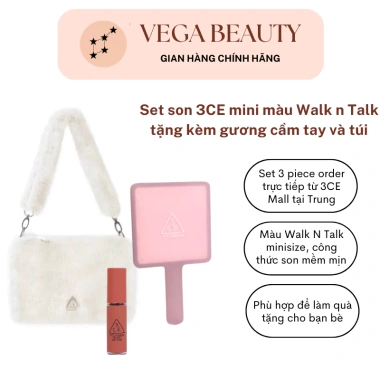 Set Son 3CE Velvet Lip Tint minisize Walk n Talk 1.5g, Gương Cầm Tay, Túi Đeo Vai - Giá 225k