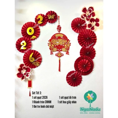 Sét Tết 2.026 - Bộ trang trí Tết: quạt giấy, đèn lồng, mành tre, câu đối treo cho nhà, văn phòng - Giá 169.000 VND