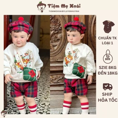 Set Tết áo nỉ trắng 4ct kèm mũ caro đỏ, túi bánh chưng - Giá chỉ 199k giảm từ 244.770
