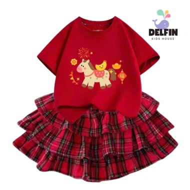 Sét Tết bé gái áo ngắn tay cotton mix, váy Caro đỏ 3 tầng, size 10-30kg - Giá chỉ 237.500 VND