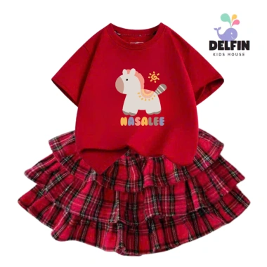 Sét Tết bé gái áo ngắn tay cotton mix, váy Caro đỏ 3 tầng, size 10-30kg - Giá chỉ 237.500 VND