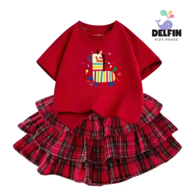 Sét Tết bé gái áo ngắn tay cotton mix, váy Caro đỏ 3 tầng, size 10-30kg - Giá chỉ 237.500 VND