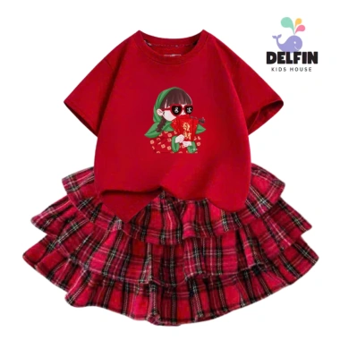 Sét Tết bé gái áo ngắn tay cotton mix, váy Caro đỏ 3 tầng, size 10-30kg - Giá chỉ 237.500 VND