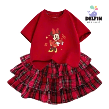 Sét Tết bé gái áo ngắn tay cotton mix, váy Caro đỏ 3 tầng, size 10-30kg - Giá chỉ 237.500 VND