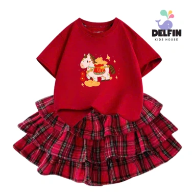 Sét Tết bé gái áo ngắn tay cotton mix, váy Caro đỏ 3 tầng, size 10-30kg - Giá chỉ 237.500 VND