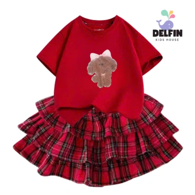 Sét Tết bé gái áo ngắn tay cotton mix, váy Caro đỏ 3 tầng, size 10-30kg - Giá chỉ 237.500 VND