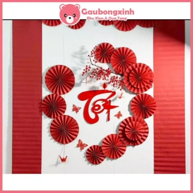Set Tết Như Ý Mix Quạt Giấy Đỏ Sang Trọng - Trang Trí Tết Lotso Decor VN, Giá 119.000đ (Giảm từ 153.510đ)