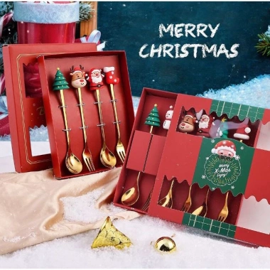 Set thìa dĩa Giáng Sinh Ngôi sao Tuần lộc mạ vàng 3D Cốc Cốc quà tặng trà bánh