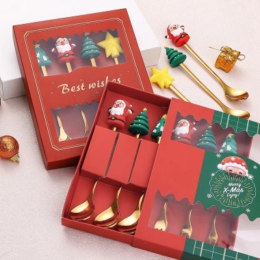 Set thìa dĩa Giáng Sinh Ngôi sao Tuần lộc mạ vàng 3D Cốc Cốc quà tặng trà bánh