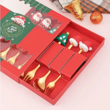Set thìa dĩa Giáng Sinh Ngôi sao Tuần lộc mạ vàng 3D Cốc Cốc quà tặng trà bánh