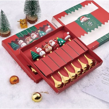Set thìa dĩa Giáng Sinh Ngôi sao Tuần lộc mạ vàng 3D Cốc Cốc quà tặng trà bánh 6 Set thìa dĩa Giáng Sinh Ngôi sao Tuần lộc mạ vàng 3D Cốc Cốc quà tặng trà bánh 6