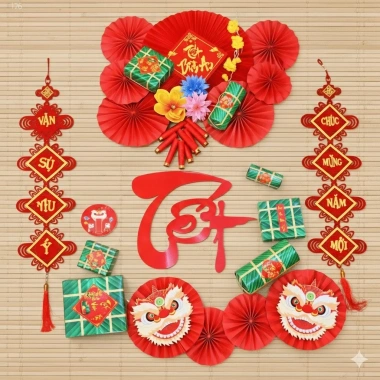 Set Trang Trí Tết 2.026 Bộ Decor Tết, Mành Treo, Keo Nến, Móc Treo, Giá 130.000đ