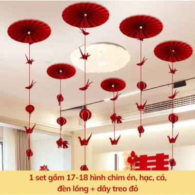 Set Vải Dạ Đón Xuân Tết 2.026 - Quạt Giấy + Phụ Kiện Treo Trần Trang Trí Tiệc Cưới, Noel, Tết Nguyên Đán