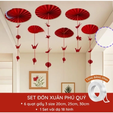 Set Vải Dạ Đón Xuân Tết 2.026 - Quạt Giấy + Phụ Kiện Treo Trần Trang Trí Tiệc Cưới, Noel, Tết Nguyên Đán