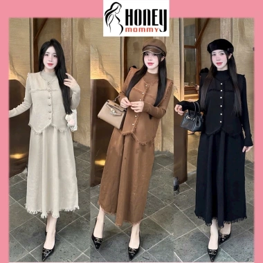 Set Váy Bầu Tết Đầm Dài Tay Thu Đông và Áo Khoác Len Cao Cấp Thanh Lịch Giá 419.000 VND