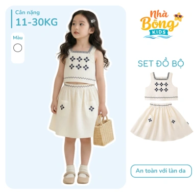 Set Váy Bé Gái Áo Hai Dây Cổ Vuông Thêu Hoa + Chân Váy Xòe Cotton – Giá 215.000₫