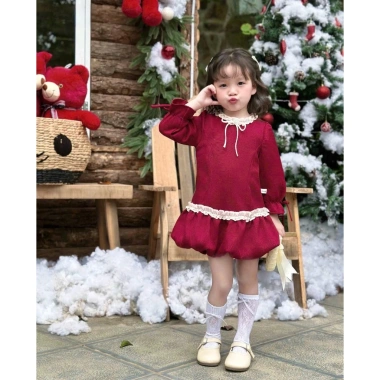 Set Váy Bé Gái Dạ Dàng Quả Bí, Phối Cổ Nơ Đính Đá Tone Đỏ Size 9 (28kg) Giá Ưu Đãi 249.100 VND 2
